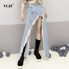 VGH, однотонные джинсовые юбки для женщин, высокая талия, пуговицы, карманы, кисточка, подол, асимметричная прямая юбка, женская мода, новинка, лето
