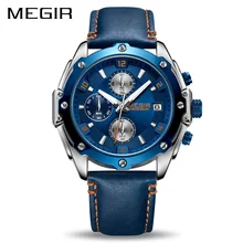 MEGIR Chronograph Men Watch Relogio masculino Relógio Relógio de Quartzo Homens de Negócios de Couro Criativo Azul Militar Do Exército Relógios de Pulso