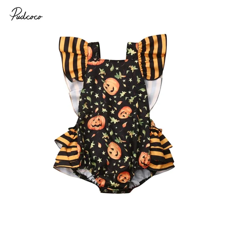 

2019 Baby Summer Clothing Halloween Infant Kids Baby Girl Boys Pumpkin Bodysuit Ruffles Short Sleeve Jumpsuit Newborn Clothes