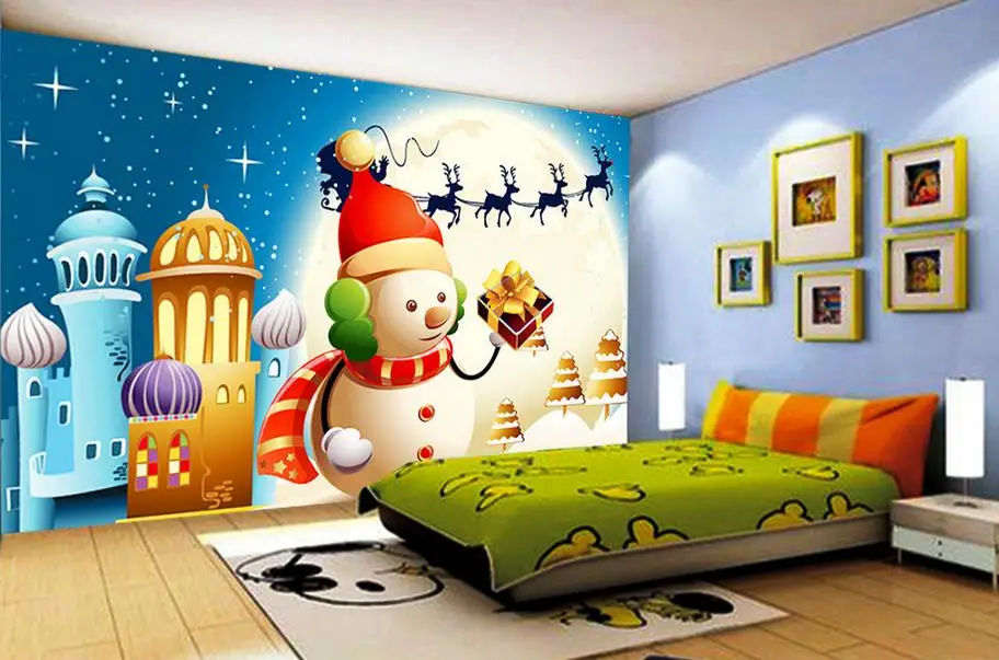 Menyesuaikan 3d Mural Dinding Wallpaper Kartun Natal Snowman 3d Wallpaper Ruang Tamu Mewah