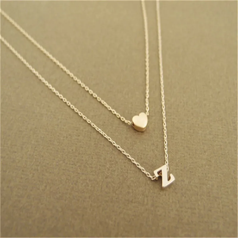 

10pcs_Fashion Tiny Dainty Heart Initial Double laye Necklace Personalized Initial Necklace Name Jewelry girlfriend gift