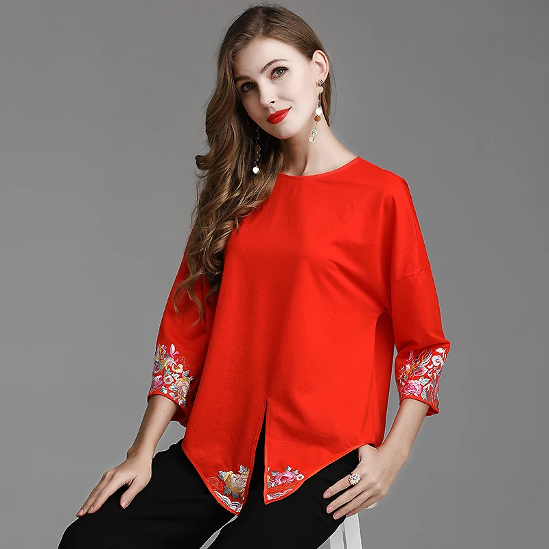 M Rouge Moulin Déplacements Embro Mince Broderie Gamme Bleu De Printemps rouge Florale Femmes Chemise Littéraire Top Et Rose Haut xl marine Rose Blouse Dame HrwdP8wxqf