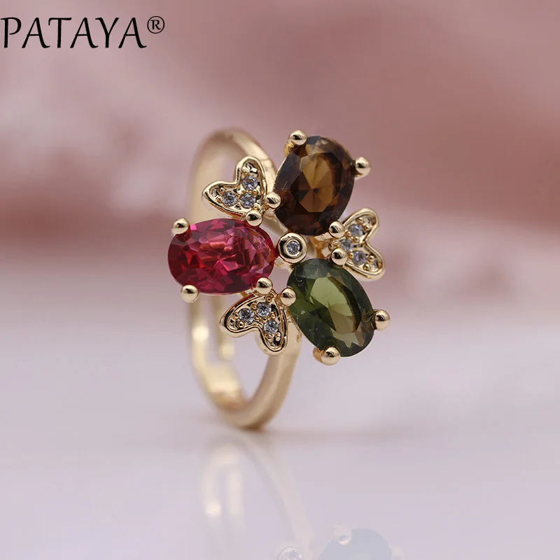 

PATAYA New Women Ring 585 Rose Gold Water Drop Natural Zircon Tourmaline Color Opening Adjustable Rings Wedding Party Jewelry
