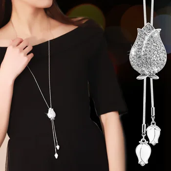 

Ajojewel White Enamel Tulip Tassel Long Necklace Crystal Rhinestone Pendant Necklaces For Women Fashion Jewelry Wholesale