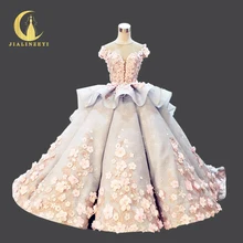 Rhine Real Picture New Arrival Sexy Deep V Neck Lace Appliques Pink Flowers Chapel Train Gray Blue Bridal Wedding Dresses