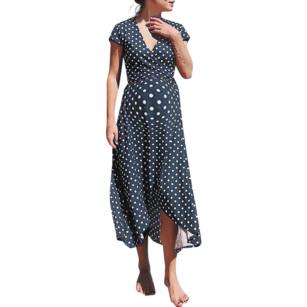 Женские летние платья для беременных, для фотосессии, сексуальное платье в горошек с v-образным вырезом для кормящих, длинное платье для беременных - Цвет: Тёмно-синий