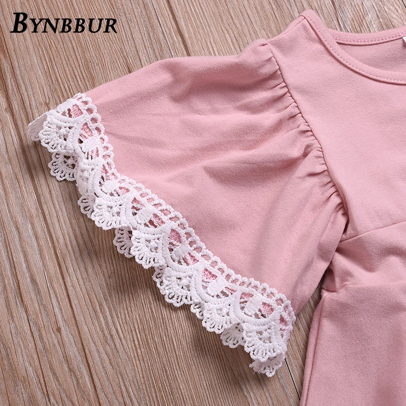 Bynbbur Lace Patchwork Solid Cotton Dress Girls Kid Lace Floral Attached Party Dress Cute Baby Princess Dress 2019 Summer New