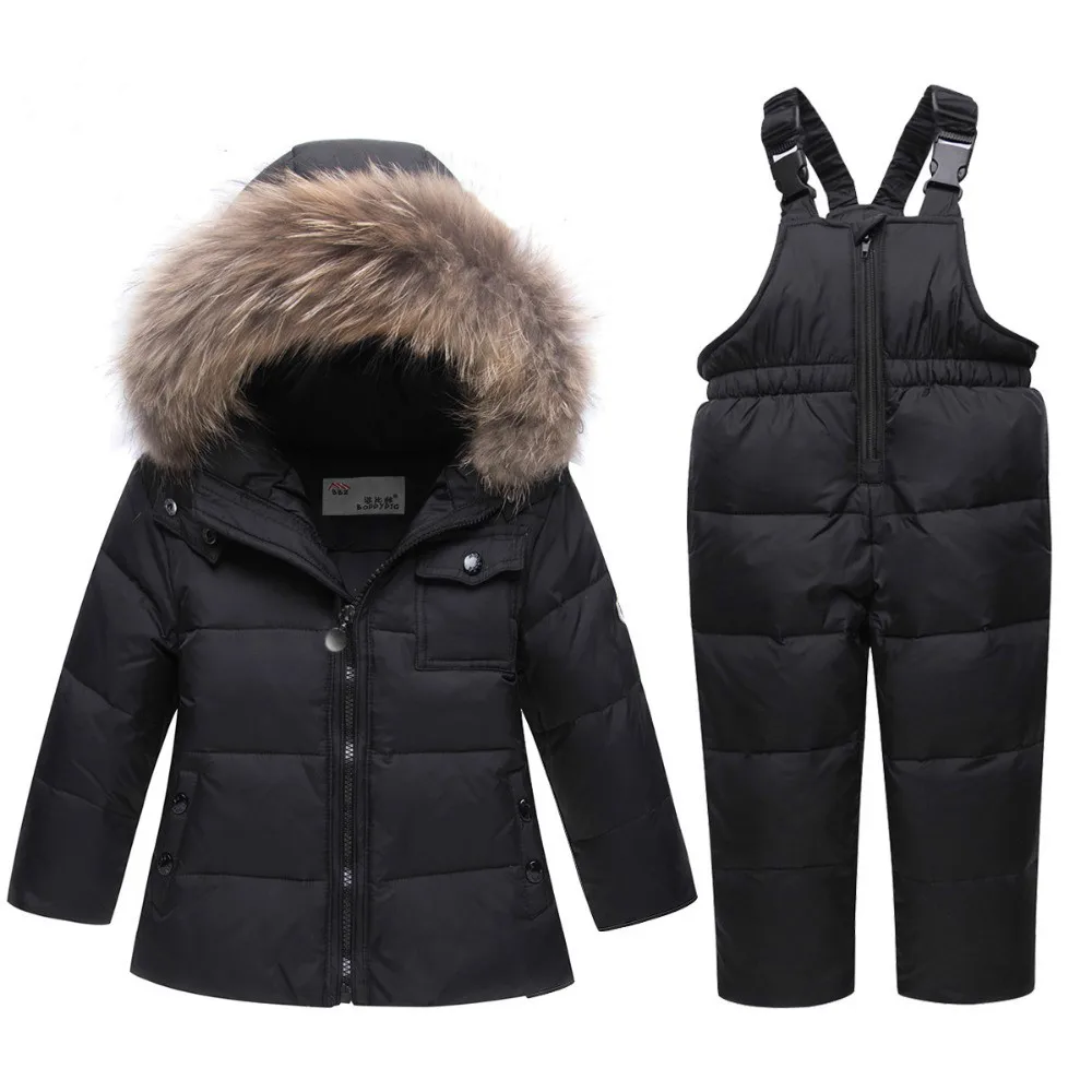 Зимние комплекты детской одежды теплые лыжные костюмы для маленьких мальчиков зимние костюмы пуховые куртки с натуральным мехом для девочек, верхняя одежда, пальто+ комбинезон на подтяжках