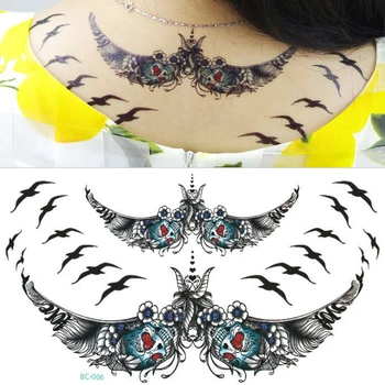 

1sheet Under breast Chest Flash Tattoo 23 models large Skeleton Feather Wings Birds Sternum tattoo body paint necklace 24*13.8cm