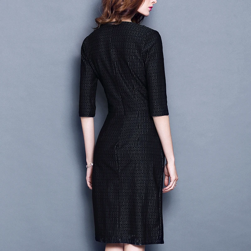 2018 autumn turn-down collor womens dresses three quarter sleeve solid wlid was thin temperament dress black women clothes 225