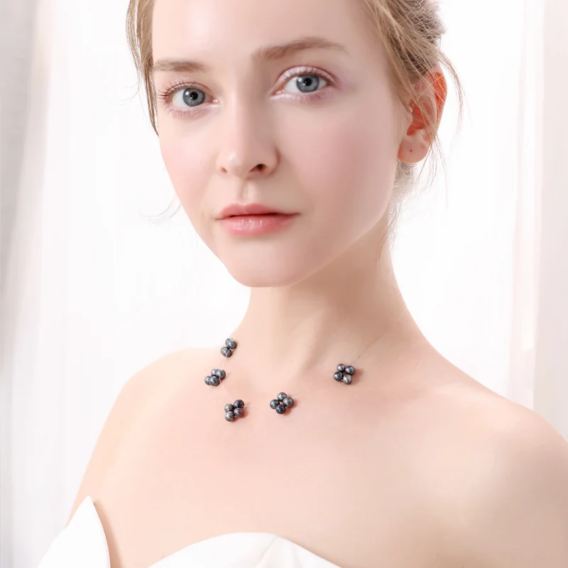 

DAIMI Flower Choker Necklace 6mm Black Freshwater Pearl Necklace Handmade Four leaf flowers Jewelry Floating Necklace