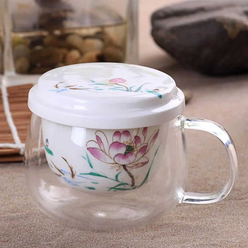 Высококачественная стеклянная чайная чашка с керамической крышкой и чайным фильтром в китайском стиле утренние кружки с ручкой 300 мл SH149 - Цвет: F
