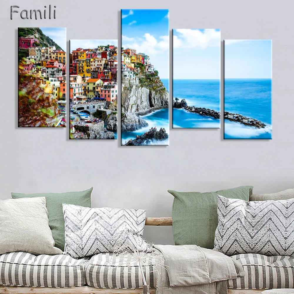 

HD 5PCS Wall Art Canvas Fabric Poster Italy Town Landscape paintings for living room wall,canvas painting