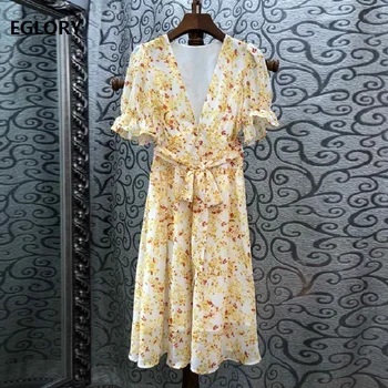 

European Fashion Summer Dress 2019 High Quality Women Sexy Deep V-Neck Yellow Floral Print Short Sleeve Mid-Calf Silk Dress Lady