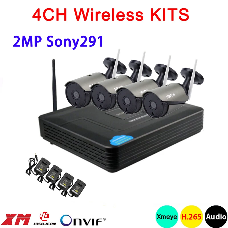 

2MP Sony291 Black 36pcs Infrared Xmeye APP Waterproof HD H.265 25fps 4CH 4 Channel WIFI Wireless IP Camera kits Free Shipping