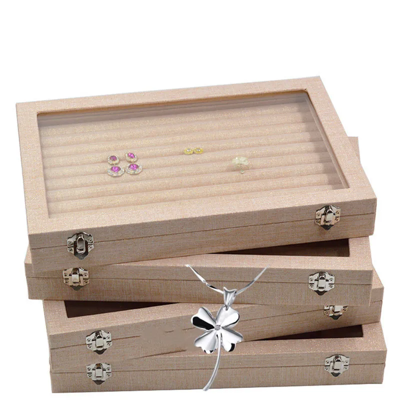 Linen handbag with glass cover jewelry ring display box tray rack storage box organizer earrings ring bracelet
