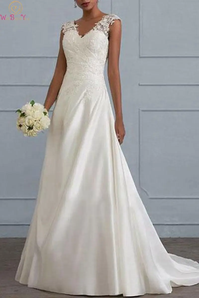 

Simple Boho A Line Wedding Dresses 2019 V Neck Satin Bridal Dress White Floor length Appliques Lace Sleeveless Vestidos De Noiva