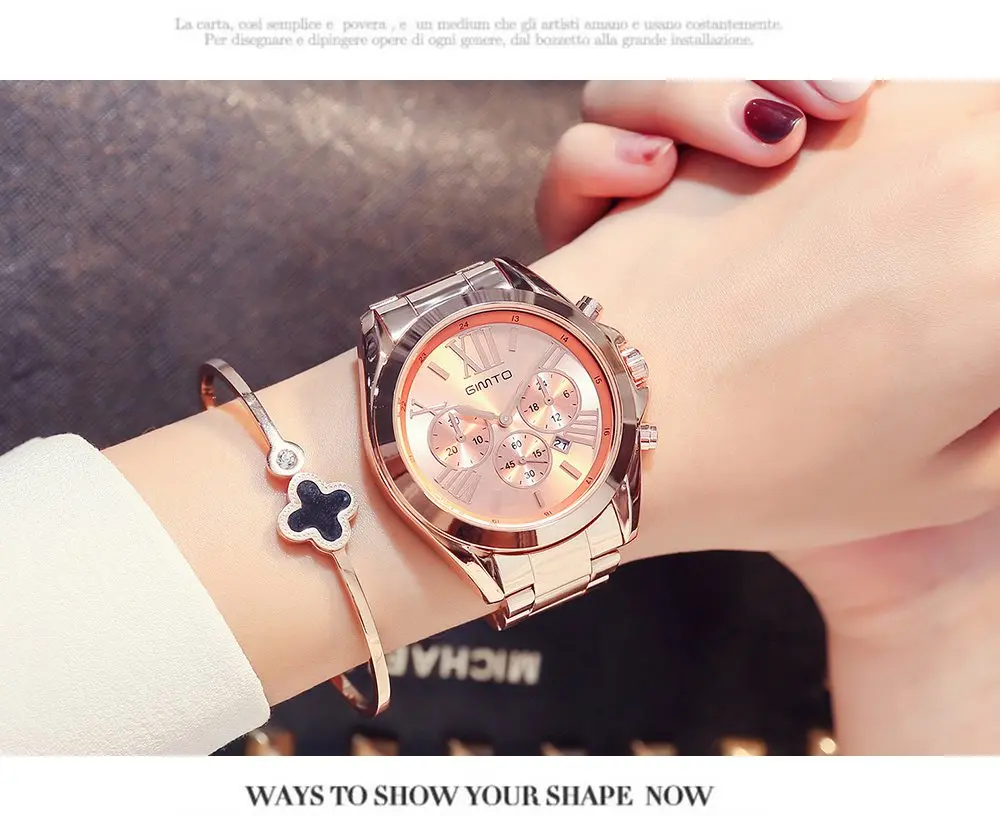 Роскошные Топ розовое золото женские часы Розовый нержавеющая сталь GIMTO бренд 30 метров водонепроницаемый кварцевые женские наручные часы Золотое платье часы