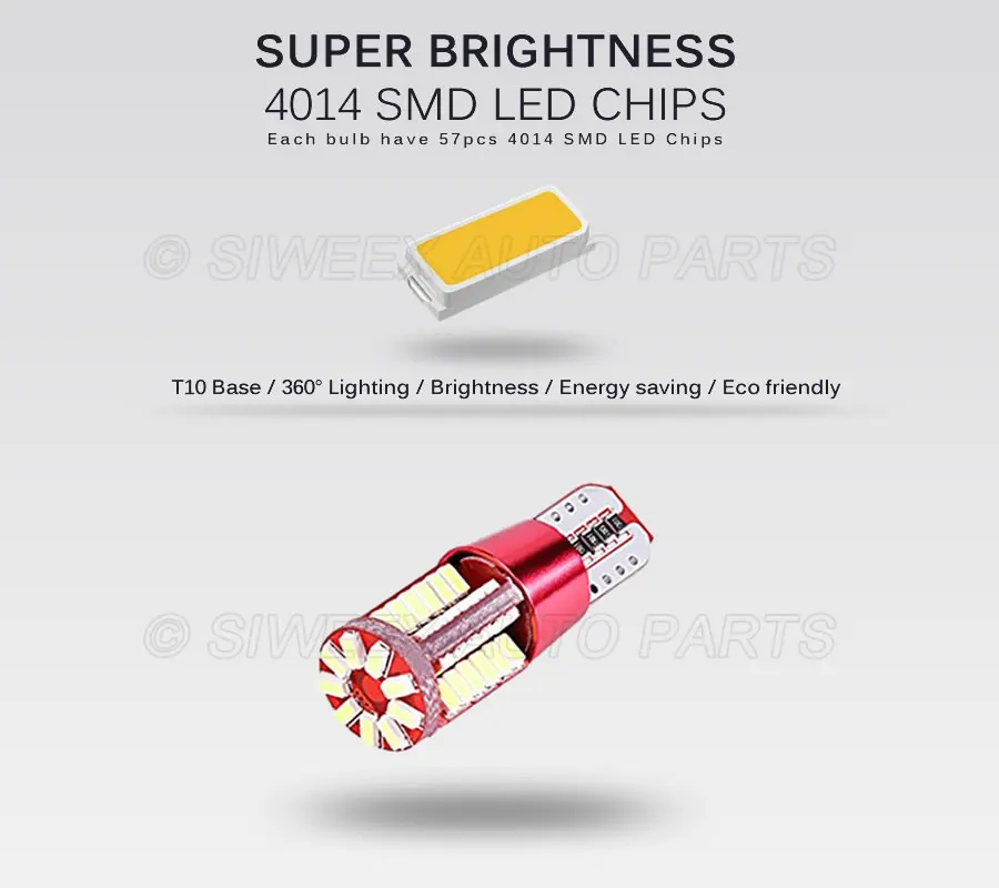 2 шт. светодиодный лампы семь Цвета T10 Canbus Error Free 57 SMD 4014 супер яркий Автомобильный светодиодный 12V для внутренняя Лицензия плиты парковка светильник