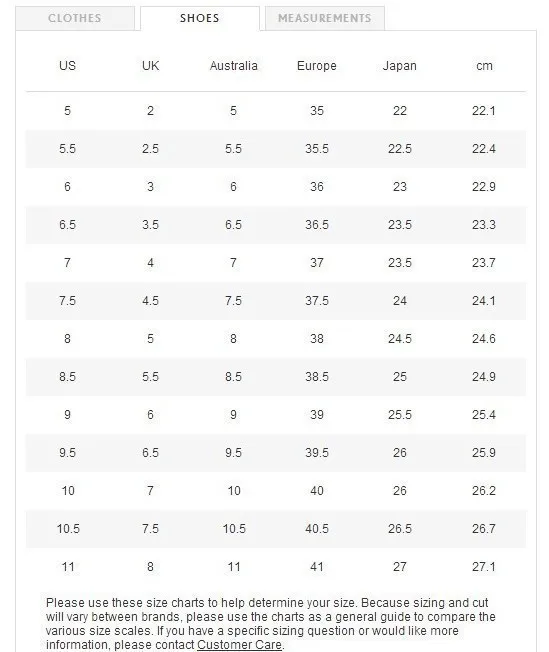 Ash Shoes Size Chart