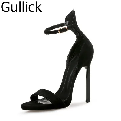 

Hottest Selling Solid Color Flock Leather Open Toe Sandals Women Summer Ankle Buckle Strap Cover Heel Dress Shoes High Heels