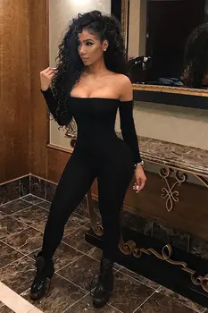 

Women Off Shoulder Rompers Long Sleeve Sexy Club Solid Black Elegant Bodycon Jumpsuit Playsuit Romper Female