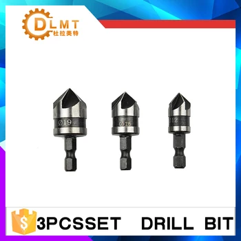 

3pcs 12/16/19mm 5 Flute 90 Degree Countersink Drill Bit Set Chamfering Cutter for Wood Metal tool accessories