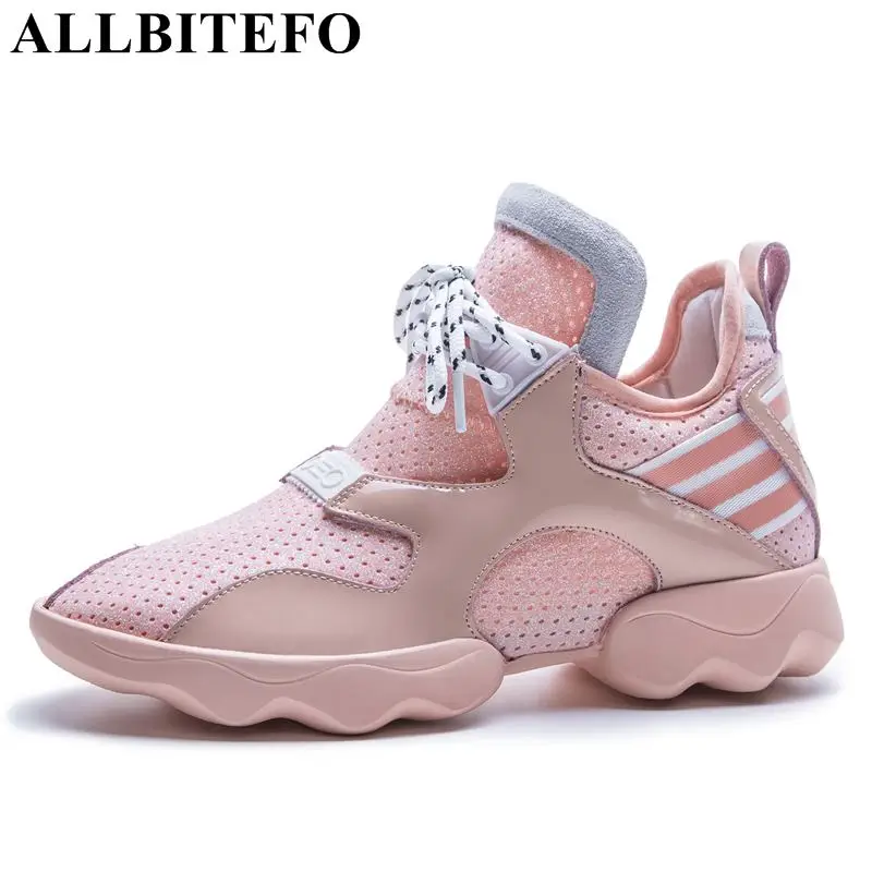 

ALLBITEFO brand cow leather + mesh breathable women flats ladies sport sneakers for girls genuine leather platform sneakers