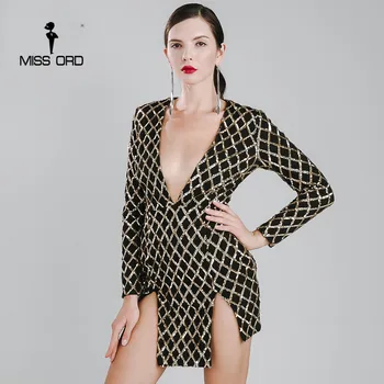 

Missord 2020 Sexy Deep-V long sleeve grid sequin split dress FT4657-1
