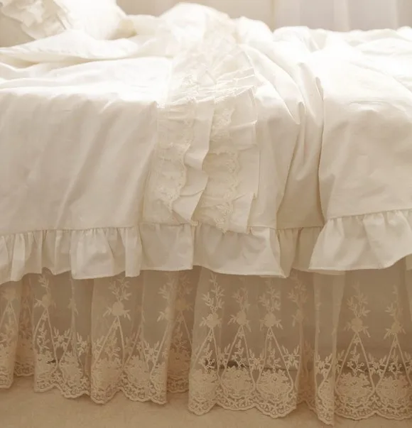 Роскошный белый кружевной комплект постельного белья с рюшами, комплект из хлопка для девочек, для близнецов, для королевы, французских принцесс, домашний текстиль, покрывало, пододеяльник