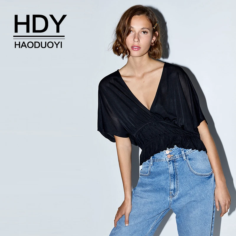 

HDY Haoduoyi Fashion Summer Elegant Lady Waist Fold Hem Ruffle Solid Color Conventional Head Deep V-neck Short-sleeved T-shirt