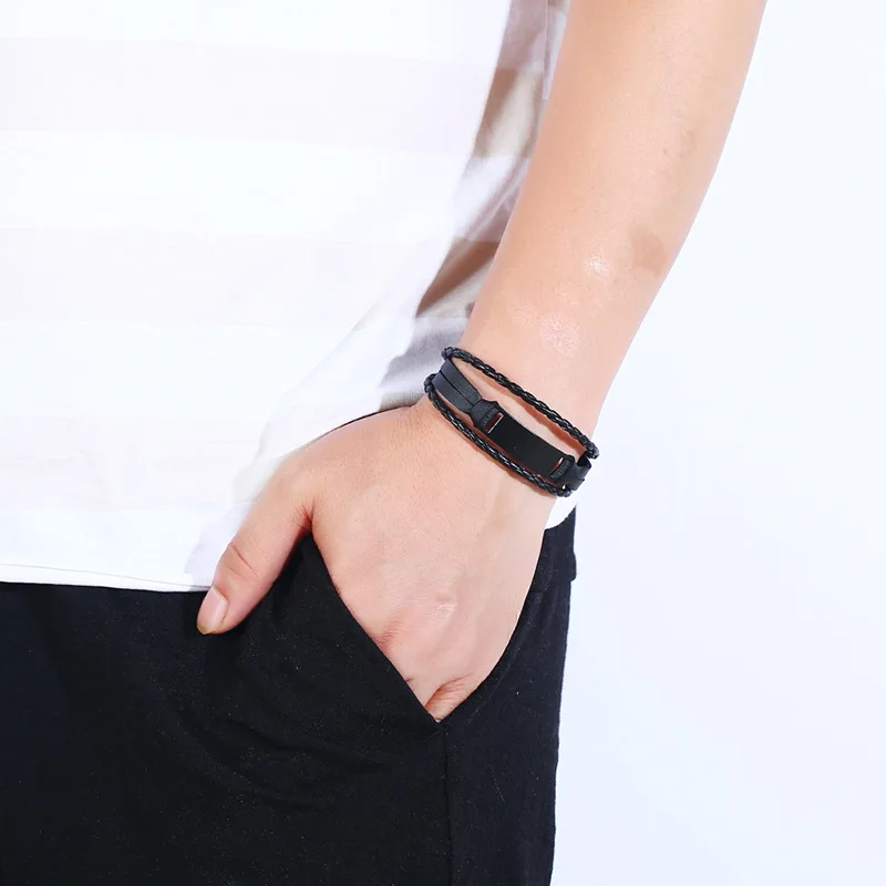 

Hot Selling Multilayered Men's Genuine Leather Accessories Black-plated Personality Leather Bracelet 21cm