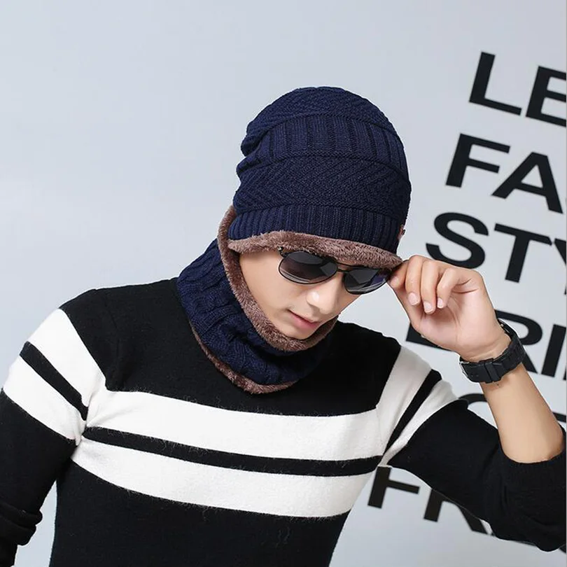 M131 Navy Blue YGYEEG Новая Вязаная шапка Мода шапочки вязаные Для мужчин, зимние шапки средства ухода за кожей шеи теплые головные уборы Skullies шапочка с шарфом для Для мужчин Повседневное теплая шапочка - Цвет: M131 Navy Blue