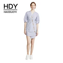 HDY Haoduoyi Button Down Wrap Shirt Dress V Neck Short Puff Sleeve Stripe Asymmetric Slim Mini Dress for Female HDY Haoduoyi Button Down Wrap Shirt Dress V Neck Short Puff Sleeve Stripe Asymmetric Slim Mini Dress for Female