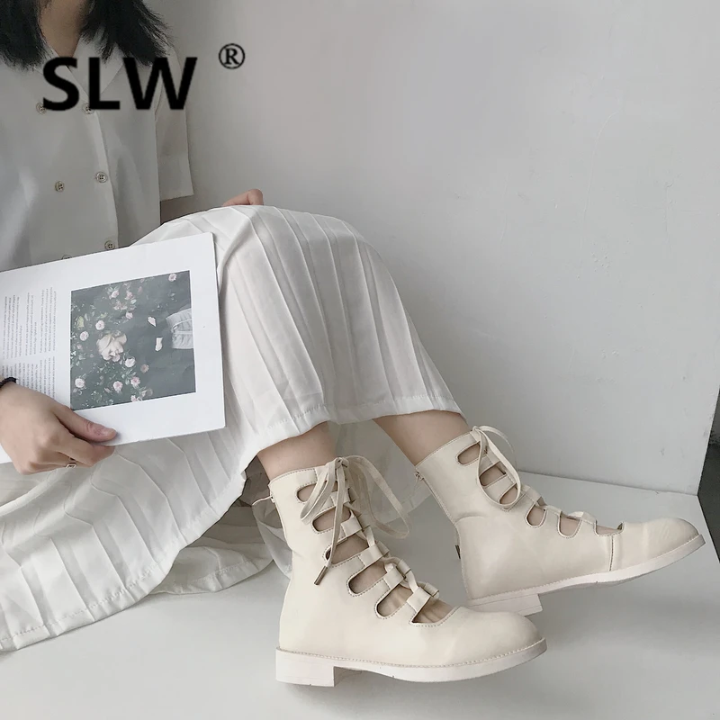 

Flat Heel Booties Woman Fashion Womens Shoes 2019 Low Heels booties Lace Up White Boots Round Toe Ladies Luxury Bootee Leather