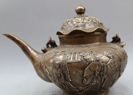 

004235 10" China Chinese Bronze Three Belle 8 treasure Statue TeaPot Wine Pot Flagon