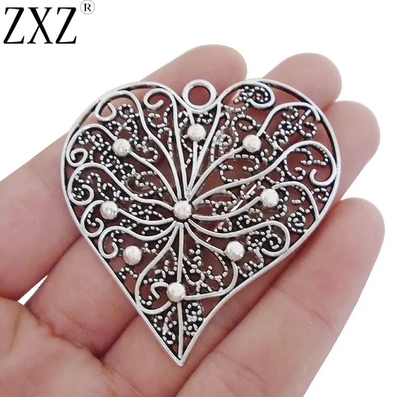 

ZXZ 2pcs Large Antique Silver Tone Filigree Open Flower Heart Charms Pendants For DIY Necklace Jewelry Findings Makings 53X52mm