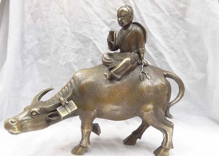 

12" China Bronze Corydon Cowboy Sculpture Kid Child Ride Bull Ox Statue FREE SHIPPING