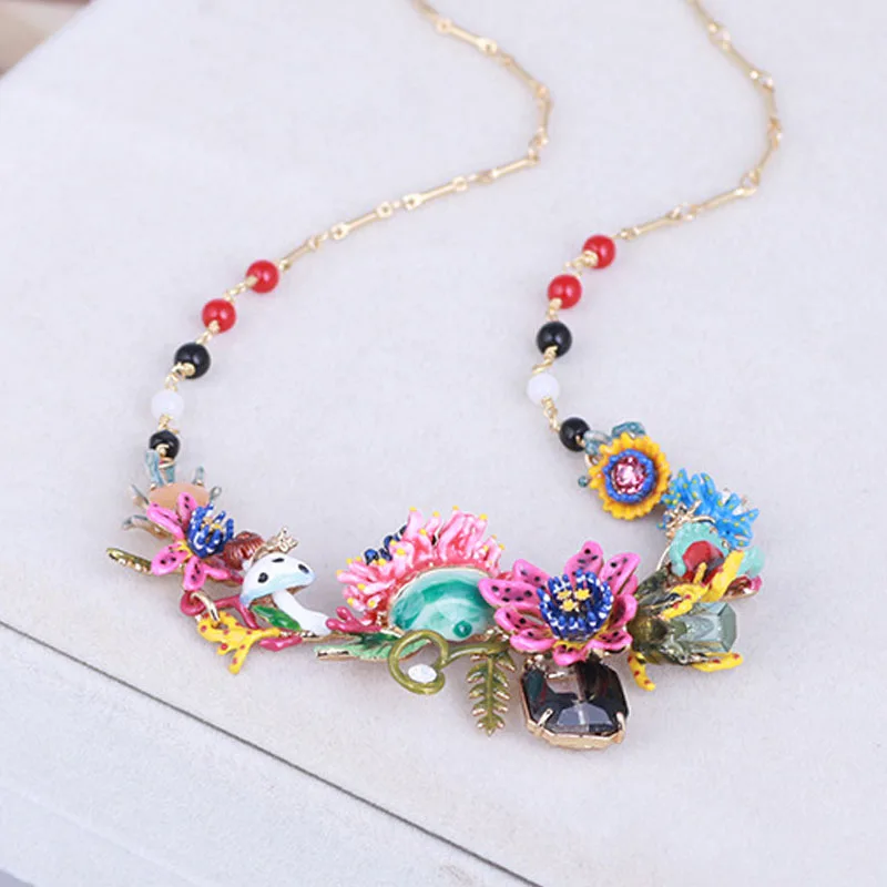 

Luxury Statement Marine Life Series Cactus Flower Gem Garden Necklace For Women Party Jewelry