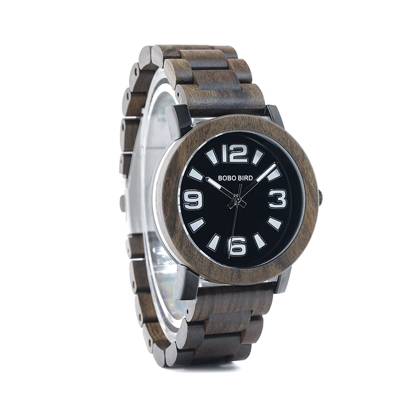 BOBO BIRD Antique Mens Wood Watches Steel Case Wooden Bezel Wristwatch with Wooden Band in Gift Box