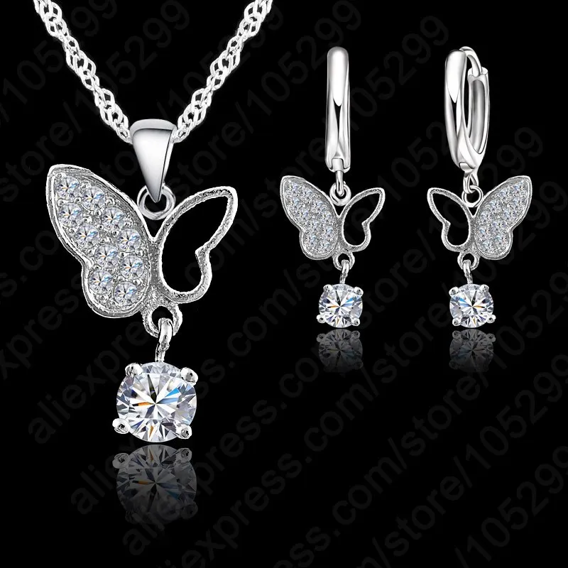 

New Fashion Jewelry 925 Sterling Silver Statement Butterfly Crystal Necklace Pendand Jewelry Set Free Shipping