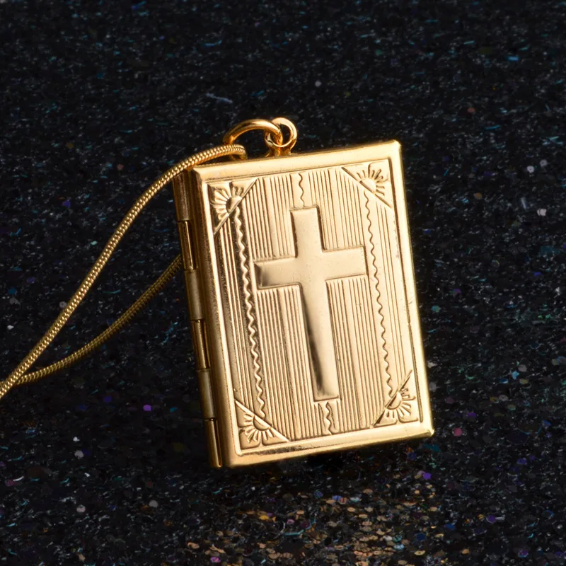 

Square Locket with Cross Religious Necklace Female Gold Trendy Jewelry Memory Photo Book Necklaces Pendants For Women/Men Gift