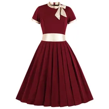 Joineles Ribbons Bowknots Party Vestidos De Feast Plus Size Solid Women Retro Dress Short Sleeves Pleated Vintage Dress 4XL Robe