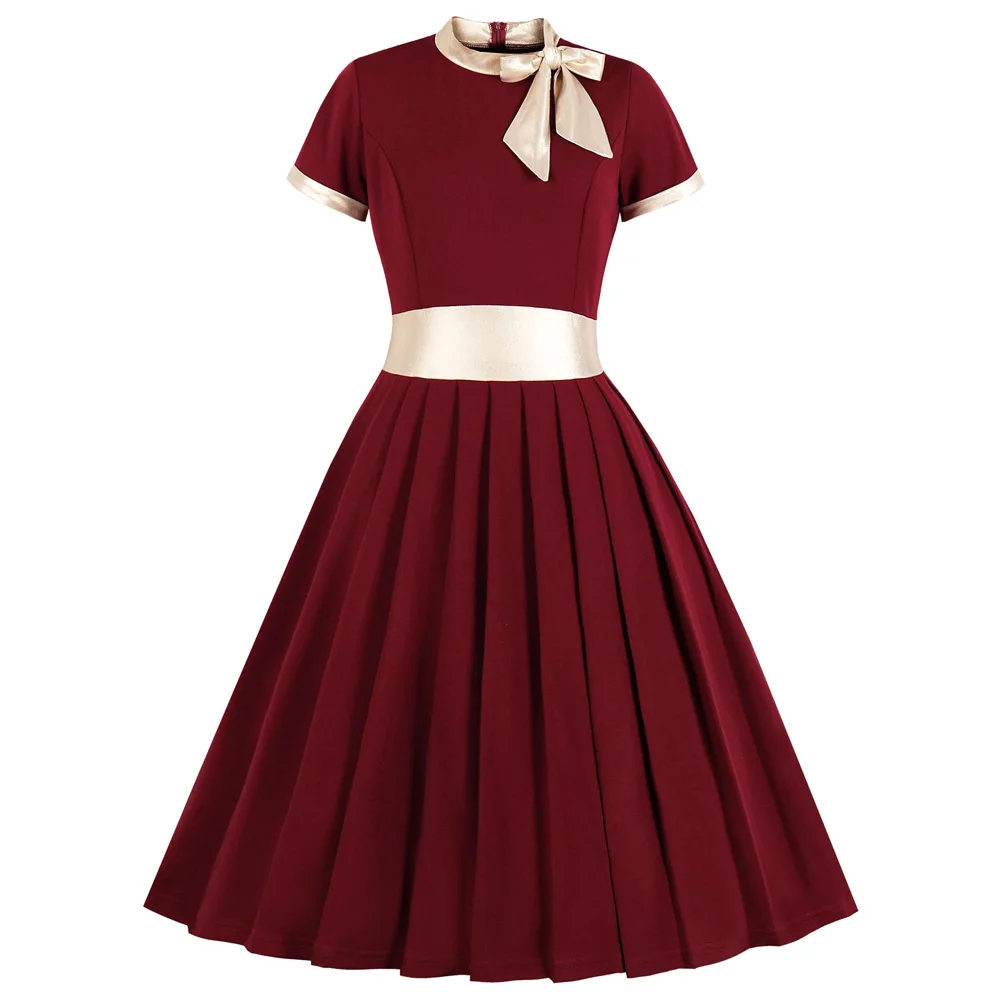 

Kenancy Plus Size Wine Red Elegance Retro Women Dress Bow Collar Short Sleeves Summer Vintage Dress 60s Femme Party Vestidos
