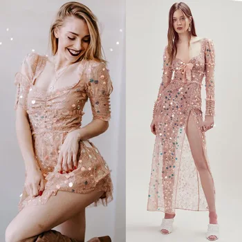 

women evening Sequined summer dresses casual banquet rockabilly sexy club party night dinner dress plus size pink Flower Lace