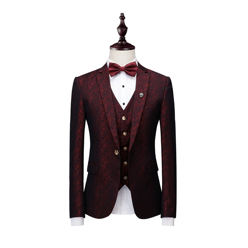 2018 Men Suit Men Single Breasted Wine Red Tuxedo Grooms Stylish Floral Print Wedding Suits for Men Designers with Pants 3 Pcs