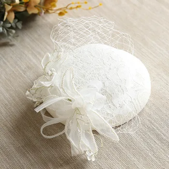 

2019 European Mini Fairy Wedding Hat For Women Ivory Pearl Bow Lace Fascinator Hair Clips Bride Face Veil Party Hair Accessories
