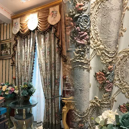 

Custom finished curtain Blue mica embossed jacquard stripe handmade diy flower European-style living room and bedroom curtain
