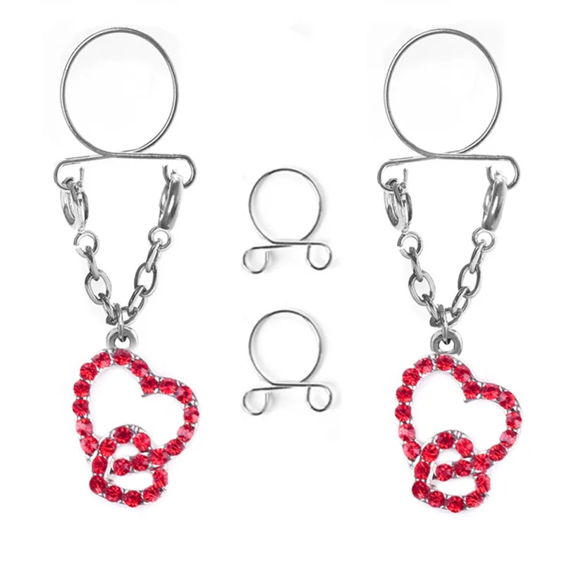 

New Fashion Stainless Steel Cute Double Heart Non pierced Clip On Nipple Rings Women Fake Nipple Dangle Adjustable Body Jewelry