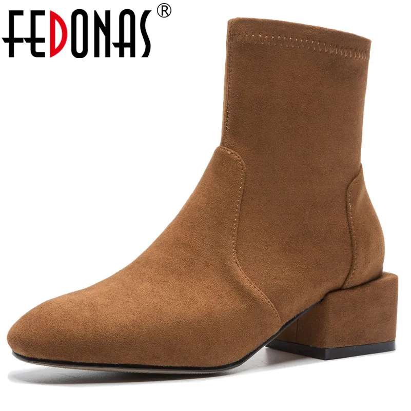 

FEDONAS Top Quality Women Mid-calf Boots Square Heels Autumn Winter Socks Boots Fashion Party Wedding Shoes Woman Stretch Boots